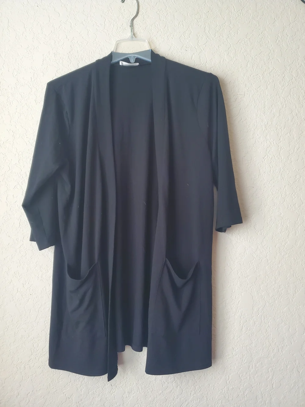 Zenana Black Open Front Cardigan 3XL Plus Size Pocket 3/4 Sleeve Knit Kimono